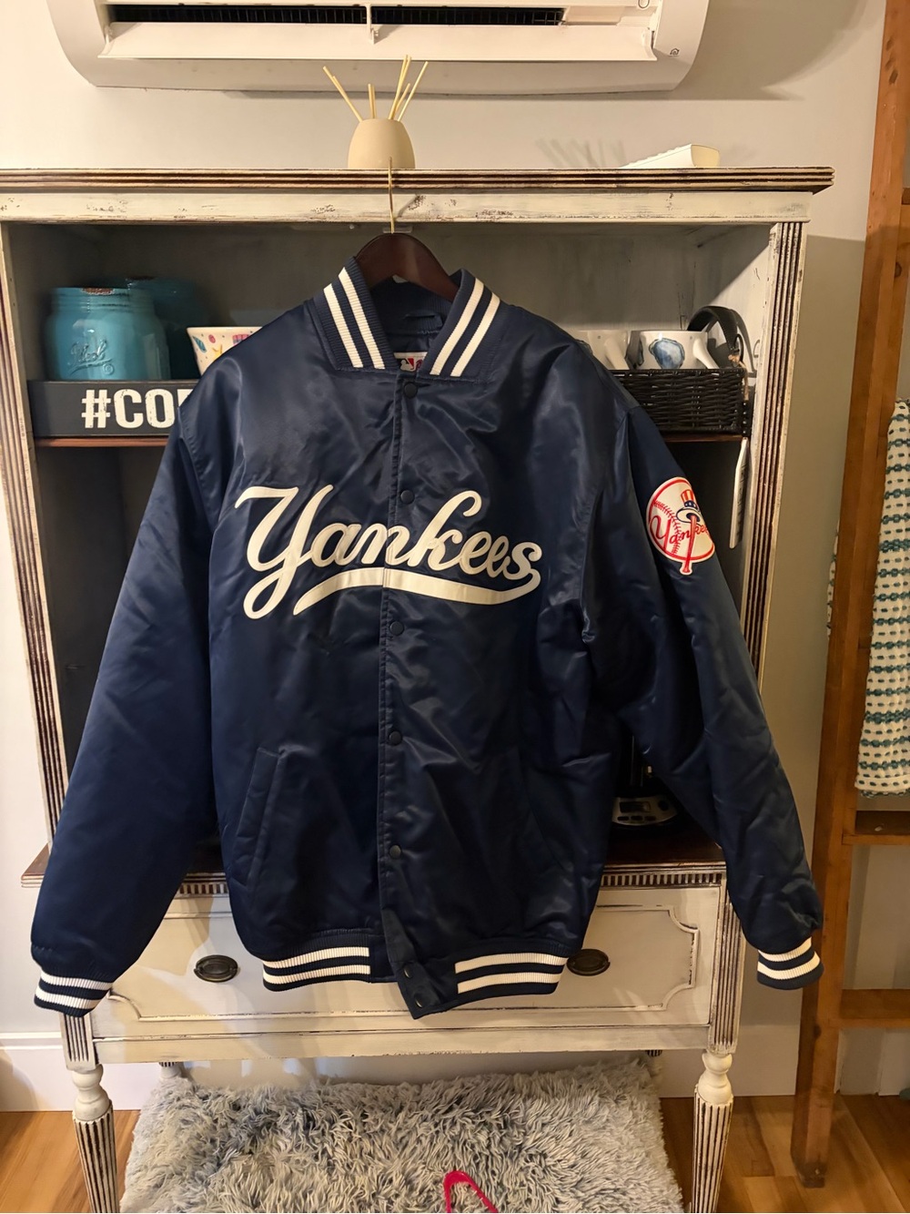 New York Yankees Navy Satin Bomber Jacket - Classic Script Authentic Majestic XL